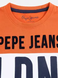 Pepe Jeans Boys Orange & White Typography Printed Colourblocked T-shirt