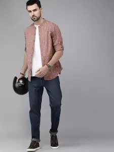 The Roadster Lifestyle Co Men Mauve & White Printed Pure Cotton Casual Shirt