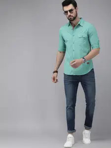 The Roadster Lifestyle Co. Men Sea Blue Solid Pure Cotton Casual Shirt