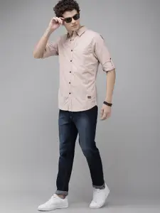 Roadster Men Rose Solid Roll-Up Sleeve Casual Shirt