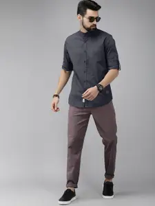 The Roadster Lifestyle Co. Men Charcoal Grey Solid Slim Fit Mandarin Collar Casual Shirt