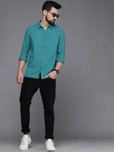 WROGN Men Teal Green Self-Design Slim Fit Pure Cotton Casual Shirt