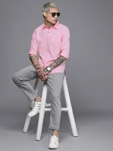 WROGN Men Pink Slim Fit Self Striped Pure Cotton Casual Shirt