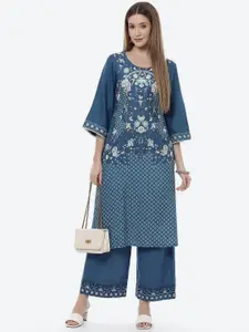 Rangriti Women Navy Blue Geometric Printed Flared Sleeves Kurta