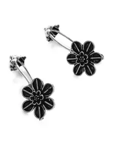 SOHI Silver-Toned & Black Contemporary Drop Earrings