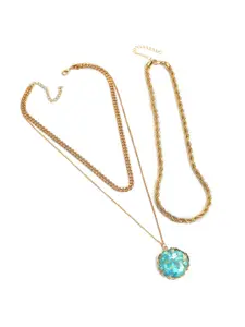 SOHI Gold-Plated & Green Stones Pendant With 3 Chain