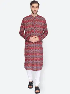 NAMASKAR Men Maroon & Blue Cotton Linen Printed Kurta