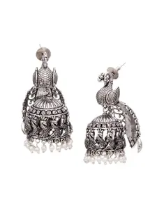 ATIBELLE Silver-Plated Oxidised Peacock Shaped Jhumkas Earrings