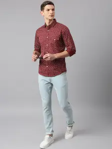 Thomas Scott Men Burgundy & White Slim Fit Printed Cotton Casual Shirt