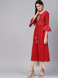 Varanga Women Red Ethnic Motifs Yoke Design Bell Sleeves Thread Work Kurta
