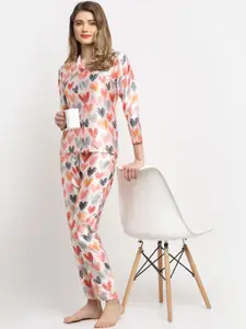Claura Women Cream & Red Printed Silk Satin Night Suit