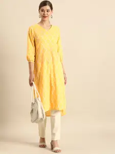 Anouk Women Yellow & White Geometric Print Pure Cotton Straight Kurta