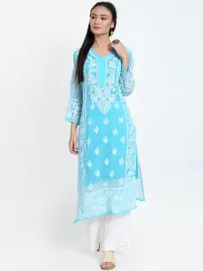 PARAMOUNT CHIKAN Women Turquoise Blue Ethnic Motifs Embroidered Chikankari Georgette Kurta