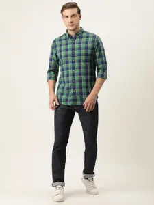 Flying Machine Men Sea Green And Navy Blue Slim Fit Buffalo Checked Casual Shirt