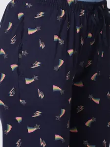 Kryptic Woman Pack Of 2 Navy Blue & Green Cotton Printed Lounge Pants