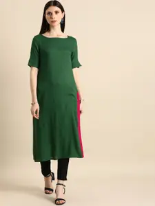 Anouk Women Dark Green Solid Boat-Neck Straight Kurta
