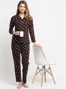 Boston Club Women Black & Red Printed Night Suit