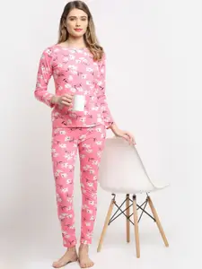 Boston Club Women Pink & White Printed Cotton Night Suit