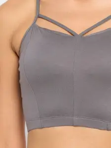 N-Gal Grey Solid Front Strappy Detail Crop Top Bralette Slip On Bra