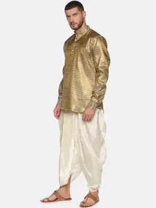 Sethukrishna Men Gold-Toned & Blue Woven Design Kurta with Dhoti Pants