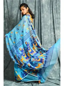 Charukriti Blue & Orange Woven Design Silk Cotton Jamdani Saree