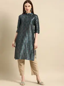 all about you Women Teal Blue Floral Block Print Mandarin Collar Chanderi Silk Blend Kurta