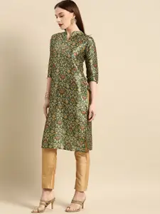 all about you Women Green & Mustard Yellow Ethnic Motifs Print Chanderi Silk Blend Kurta