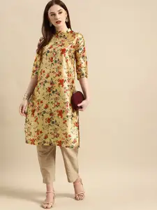 all about you Women Mustard Yellow & Red Floral Print Chanderi Silk Blend Straight Kurta