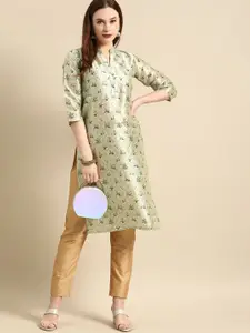 all about you Women Sea Green Floral Block Print Mandarin Collar Chanderi Silk Blend Kurta
