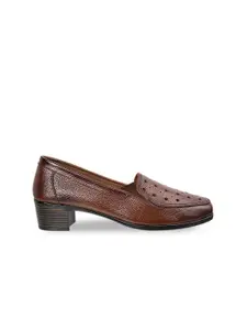 Mochi Brown Textured Leather Block Heel Pumps with Laser Cuts