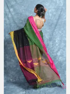 Charukriti Green & Black Woven Design Zari Pure Cotton Saree