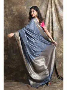 Charukriti Grey & Silver-Toned Ethnic Motifs Zari Pure Silk Saree