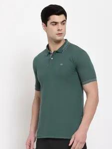 Allen Cooper Men Green Polo Collar Applique T-shirt