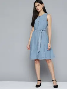 Chemistry Blue Pure Cotton Denim A-Line Dress with Belt