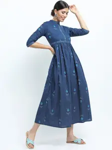 Vishudh Woman Blue Floral Ethnic Midi Dress