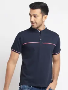 Status Quo Men Navy Blue & Red Mandarin Collar T-shirt