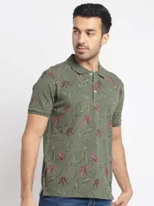 Status Quo Men Green Floral Printed Polo Collar Cotton T-shirt