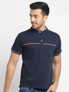 Status Quo Men Navy Blue Mandarin Collar T-shirt