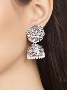 Shining Diva Silver-Toned & White Contemporary Jhumkas Earrings