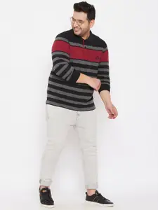 AUSTIVO Men Black & Red Striped Polo Collar Regular Fit T-shirt