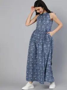 Nayo Blue Ethnic Motifs Crepe Cotton Maxi Dress