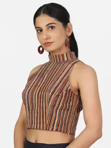 Llajja Women Multicoloured Striped Pure Cotton Non Padded Saree Blouse