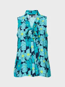 Vero Moda Teal Blue Floral Print Tie-Up Neck Top