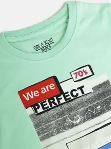 Gini and Jony Boys Green & Off White Printed Cotton T-shirt