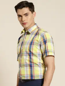 Hancock Men Yellow Slim Fit Tartan Checked Cotton Formal Shirt