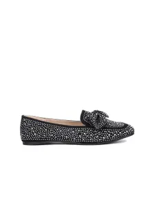 London Rag Women Black Embellished Suede Loafers With Bow