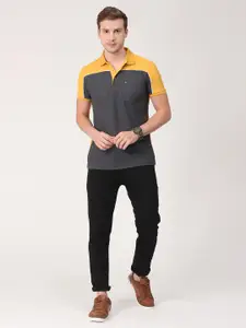 BULLMER Men Yellow & Grey Colourblocked Polo Collar Bio Finish Pockets T-shirt
