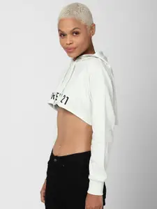 FOREVER 21 Women Green Printed Pure Cotton Hooded Crop Sweatshirt