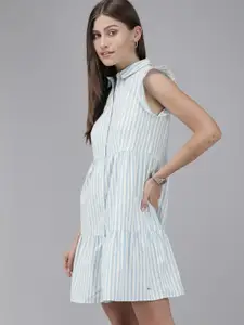 Van Heusen Woman Blue & White Striped Tiered Shirt Dress