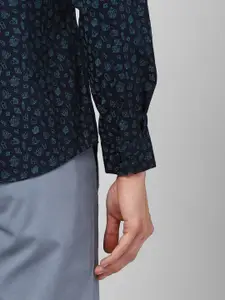 V Dot Men Navy Blue Slim Fit Abstract Printed Pure Cotton Casual Shirt